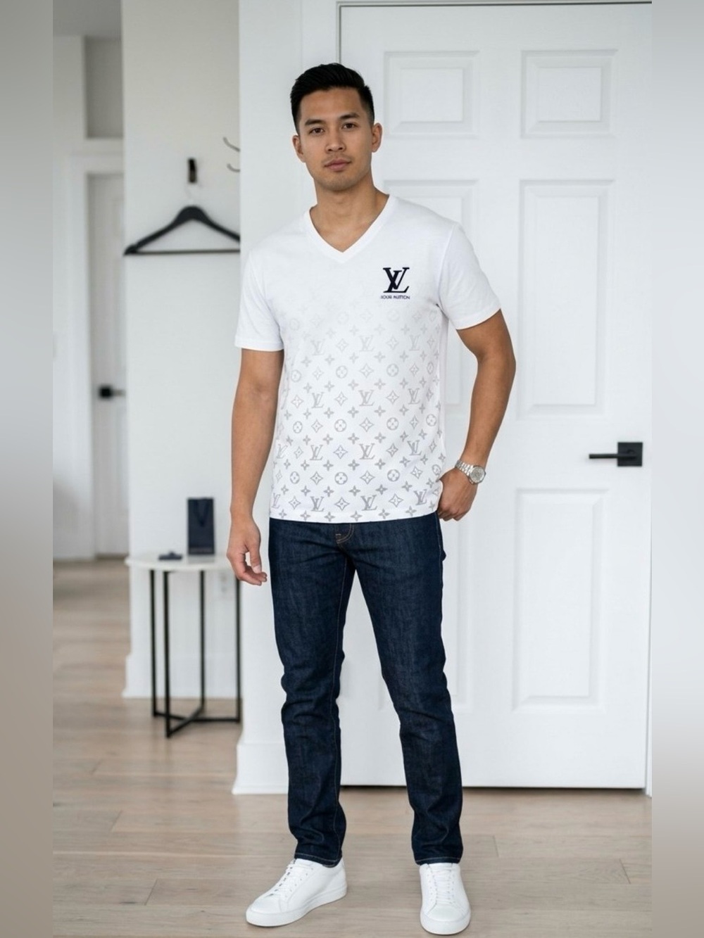 Louis Vuitton White V-Neck Monogram Tee with Navy Tag